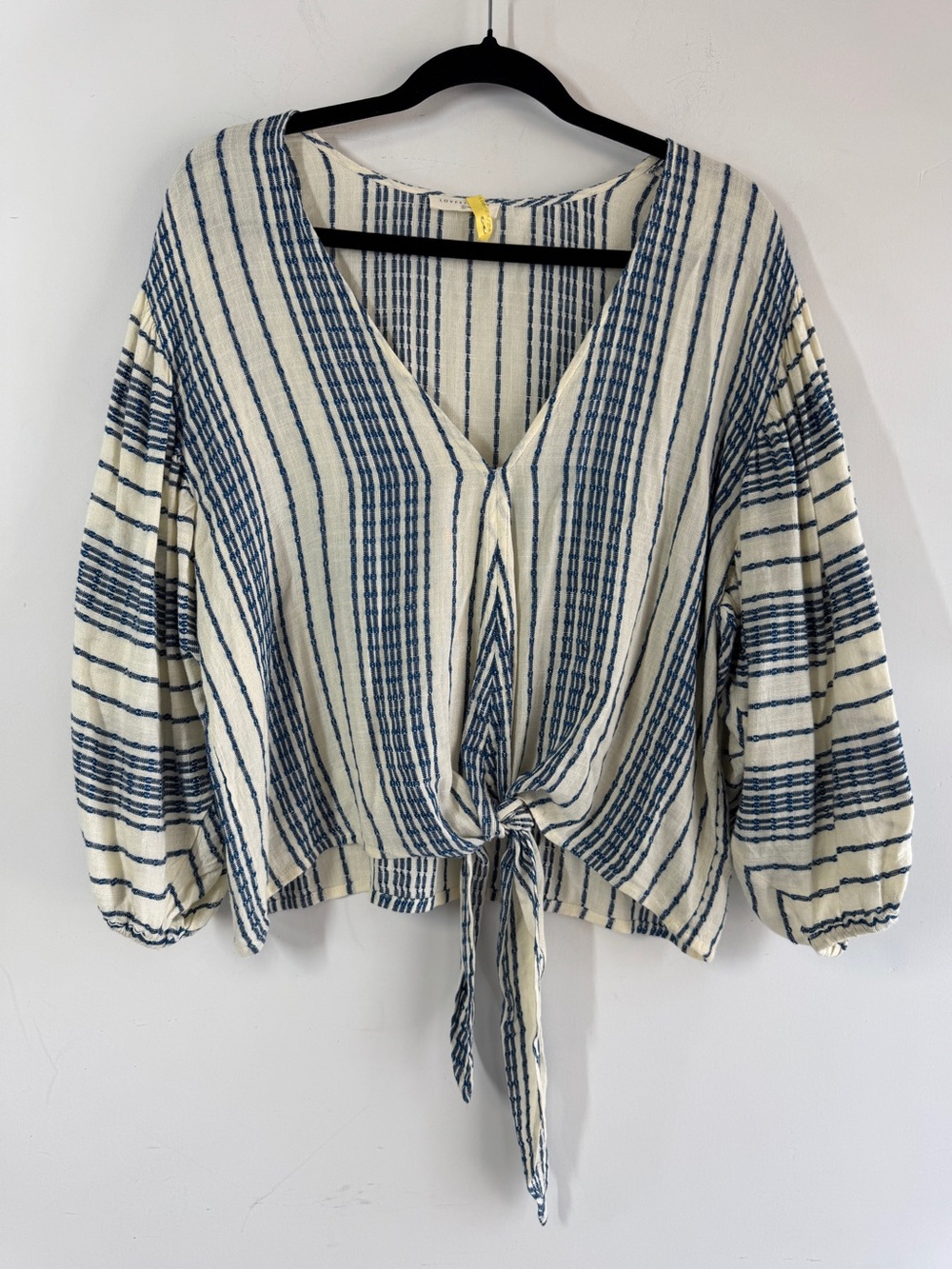 Love Stitch Wrap Tie Blouse Blue Cream Striped Large Boho Cottagecore Top Travel